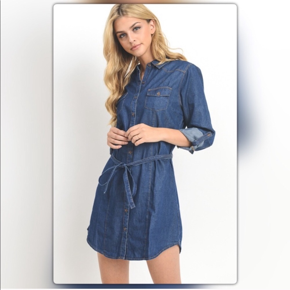 Long Sleeve Chambray Belted Shirt Dress - Picture 2 of 3